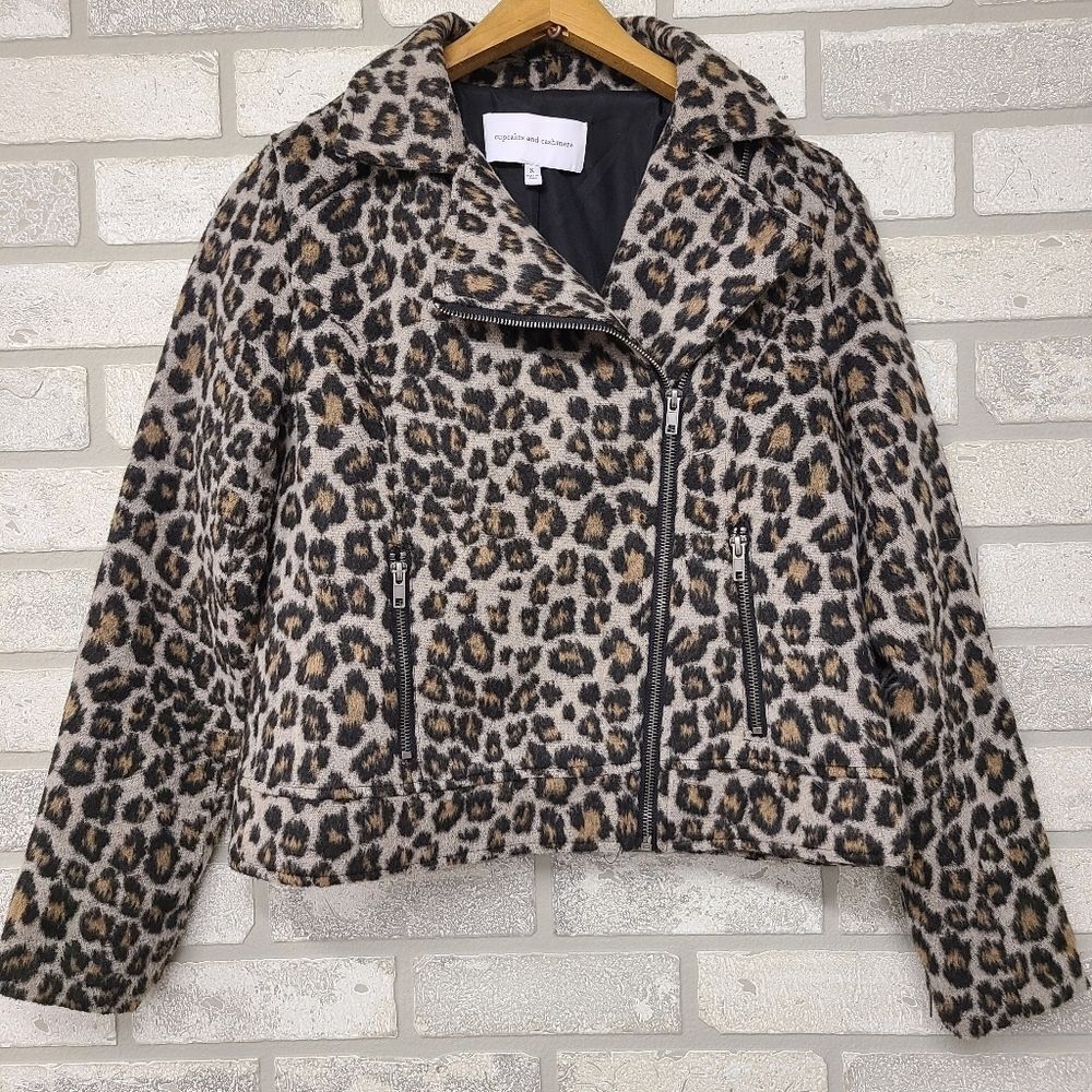 Cupcakes and Cashmere Leopard Print Moto Jacket Size Small Gray Brown Black